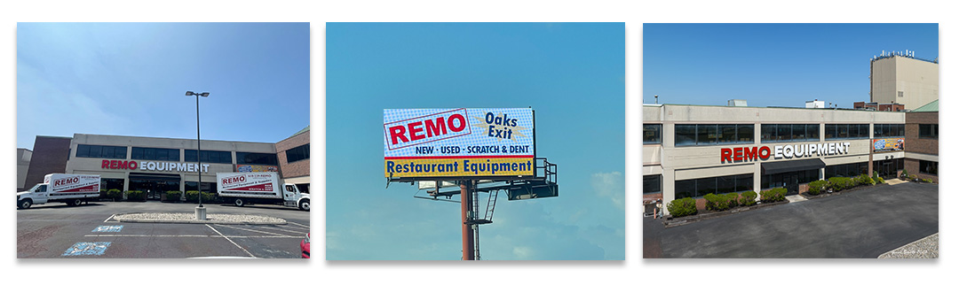 images of REMO building exteriors and a billboard for REMO 